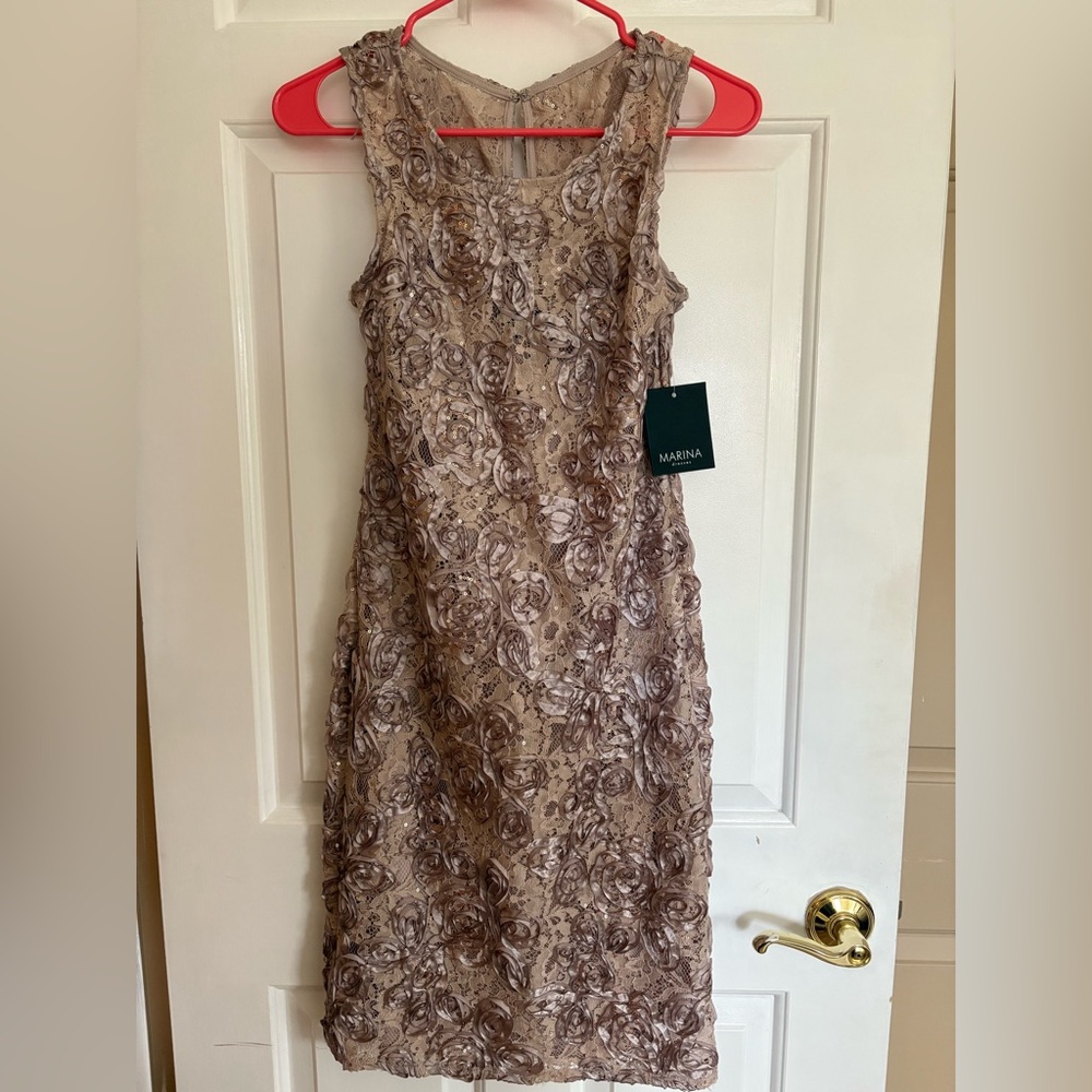 Marina Women's Floral Lace Midi Dress - Tan